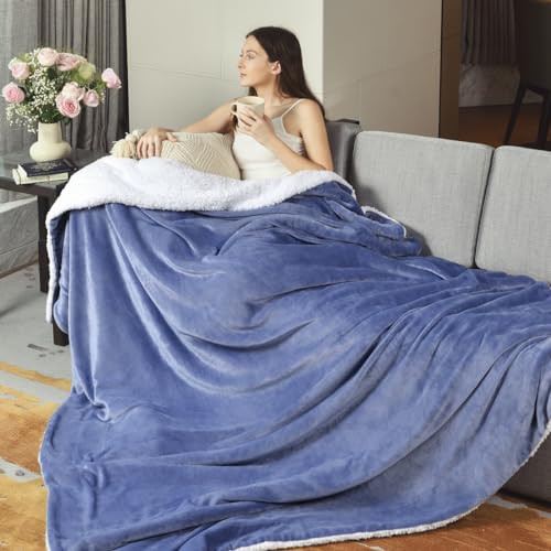 KAWAHOME Sherpa Fleece King Size Blanket for Bed, Extra Warm Heavy Thick - color: Washed Blue, size: King ( 108" X 90" )