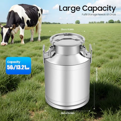 13.25Gal/50L Milk Can Stainless Steel Seamless Milk Jug Milk Pail, Anti-Leak Liquid Storage Container with Tight Lid and Handle - size: 50L