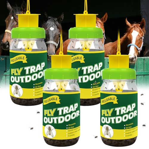 4 Fly Traps Outdoor for Patio with 4 Bait, Reusable Bug Catcher Bottle Jar | Flies Bug Insect Trap Control Outdoor Hanging for Outside Barns, Stable, Farm, Patio, with Natural Bait Refills Lure - color: green
