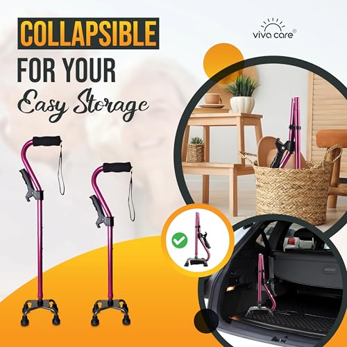 Walking Cane with 4 Prongs and Extra Side Handle – Adjustable, for Balance & Stability for Adults, Seniors, and Injured. - color: Pink