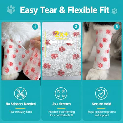 4 Inch Vet Wrap for Large Dogs, 18 Rolls Dog Leg & Paw Wound Care | Bandage Wrap, Minor Wounds, Hotspots, Broken Nails, Gauze Pads & Licking Protection