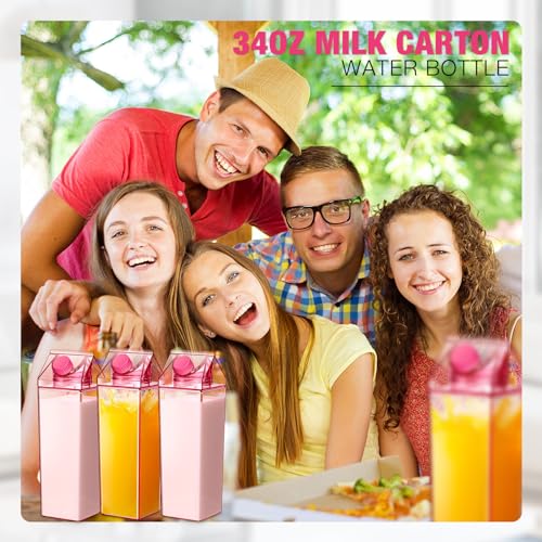 Remerry 3 Pcs Milk Carton Container, Square Acrylic Plastic Clear - color: Pink, size: 34 oz