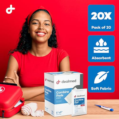 Dealmed Abdominal Combine Pads 5"x9" (40-Pack) Sterile Individually Wrapped, ABD Pads, Absorbent, Non Adherent for Wound Care, Drainage, First Aid, 20/Box (1 Pack) - size: 5" x 9" (Pack of 2), style: Pack of 1
