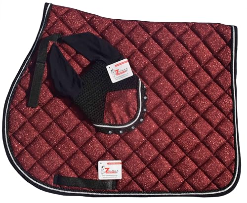 Red Glitter Saddle Pad Set Matching Ear Bonnet | Equestrian Show Gear | Horse Riding Matchy Set | Dressage or Jumping/Hunter - size: Pony