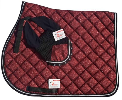 Red Glitter Saddle Pad Set Matching Ear Bonnet | Equestrian Show Gear | Horse Riding Matchy Set | Dressage or Jumping/Hunter - size: Pony