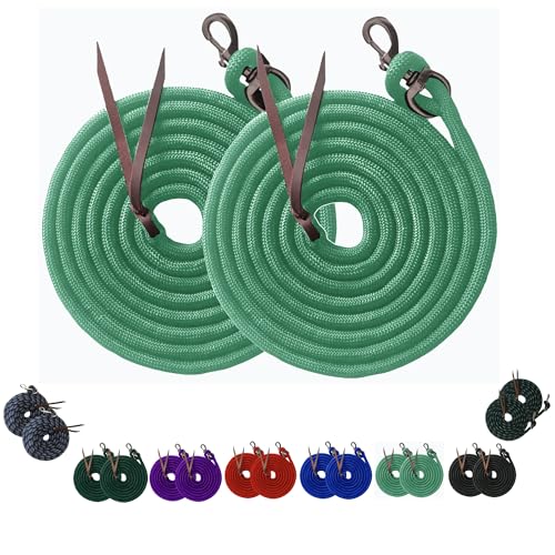 Majestic Ally 14' Pack of 2 Poly Training Lead Rope with Leather Popper for Horses & Livestock – 14 Foot Long and 5/8 inch Thick - Replaceable Heavy-Duty Bolt Snap (Turquoise) - color: Turquoise