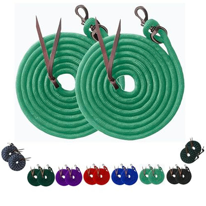 Majestic Ally 14' Pack of 2 Poly Training Lead Rope with Leather Popper for Horses & Livestock – 14 Foot Long and 5/8 inch Thick - Replaceable Heavy-Duty Bolt Snap (Turquoise) - color: Turquoise
