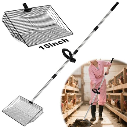 15" Large Chicken Coop Scooper for Sand - Heavy Duty Stainless Steel Poop Scooper with 38-64" Telescoping Handle - Adjustable Poultry Manure Rake & Sifter Shovel for Easy Cleaning