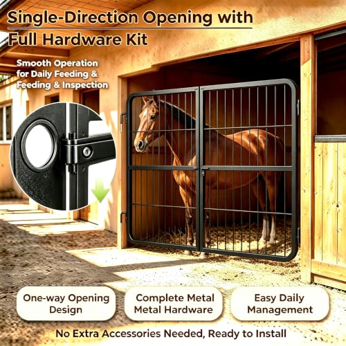 1 Inch Thick Steel Horse Stall Gate, Two-Way Opening Ventilated Horse Stall Guard, Heavy Duty Height Adjustable Grid Metal Stall Front Gate for Daily Home Barn Show Stable Use - size: 48"Wx24"H