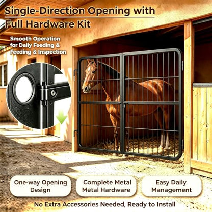 1 Inch Thick Steel Horse Stall Gate, Two-Way Opening Ventilated Horse Stall Guard, Heavy Duty Height Adjustable Grid Metal Stall Front Gate for Daily Home Barn Show Stable Use - size: 48"Wx24"H