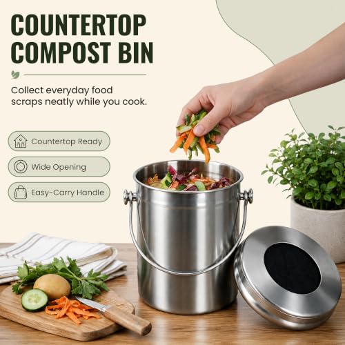 Epica Kitchen Compost Bin for Kicthen Countertops, 1.3 Galllon - Silver - color: silver