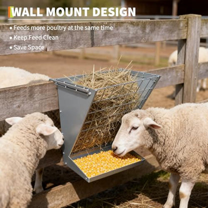 Wall Mounted Hay Rack, 2 in 1 Hay & Grain Livestock Feeder - color: Silver