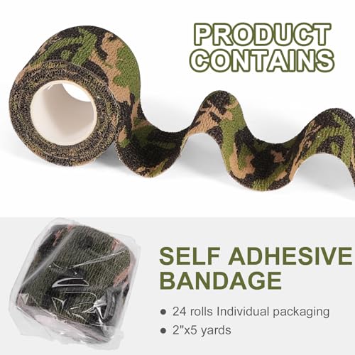 24 Pack Camo Self Adhesive Wrap, 2” x 5 Yards Vet Wrap Cohesive Camo Grip Tape Medical Wrap Self Adherent for Ankle, Wrist Sprains, Pet First Aid - color: Camo, size: 2 Inch