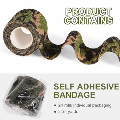 24 Pack Camo Self Adhesive Wrap, 2” x 5 Yards Vet Wrap Cohesive Camo Grip Tape Medical Wrap Self Adherent for Ankle, Wrist Sprains, Pet First Aid - color: Camo, size: 2 Inch
