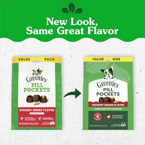 Greenies Pill Pockets Large Size Dog Treats, Hickory Smoke, 15.8 oz | Capsule size, hickory smoke flavor, masks medicine odor, low calorie, stress-free, Dog Treat Pouch for Capsule Medication - size: 60 Count (Pack of 1)