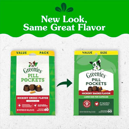 Greenies Pill Pockets Large Size Dog Treats, Hickory Smoke, 15.8 oz | Capsule size, hickory smoke flavor, masks medicine odor, low calorie, stress-free, Dog Treat Pouch for Capsule Medication - size: 60 Count (Pack of 1)