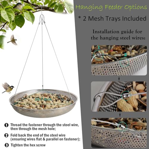 13-Inch Ground Bird Feeder and Bath Combo, Stainless Steel Feeding Platform for Birds & Squirrels, with Dual Birdseed Mesh Trays, Birdbath, Attracting Creatures to Backyard, Patio - color: bird feeder & bath combo