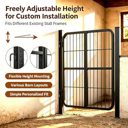 1 Inch Thick Steel Horse Stall Gate, Two-Way Opening Ventilated Horse Stall Guard, Heavy Duty Height Adjustable Grid Metal Stall Front Gate for Daily Home Barn Show Stable Use - size: 48"Wx24"H