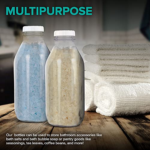 Stock Your Home Liter Glass Milk Bottle with Lid (4 Pack) 32 Oz Jugs and 8 White Caps, Reusable Food Grade Container for Refrigerator, Juice, Oat or Plant Milks, Water, Honey - size: 32oz, style: 4 Pack