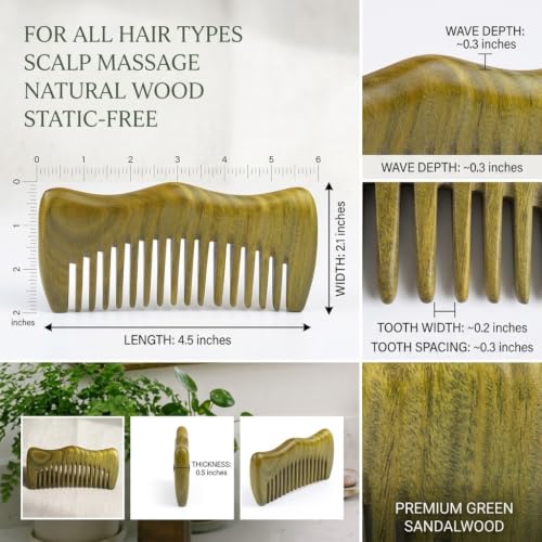 Green Sandalwood Wide Tooth Comb: Anti-Static Scalp Imperial Crown