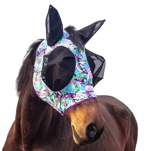Stretchy Horse Fly Mask with Ears,Extra-Large Eyes & Mane Opening – Soft, Breathable Fly Mask for Horses, Tangle-Free Design, Enhanced Visibility (Purple Leaves, Full (Large)) - color: Purple Leaves, size: Full (Large)