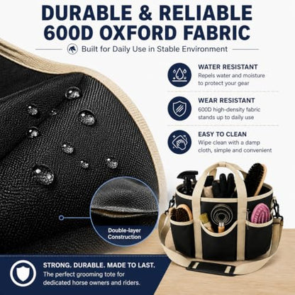 Horse Grooming Tote Bag, 600D Oxford Equestrian Organizer with Strap - color: Black