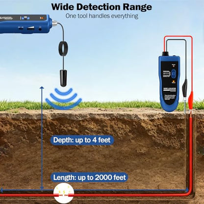 Underground Wire Locator & Cable Tester – 4FT Depth, 2000FT Range, Rechargeable 1100mAh Battery, with Earphone for Fast Break/Short Detection of Dog Fence, Control Wires & Irrigation Cables - color: Blue