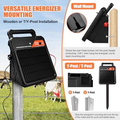 10 Miles Solar Electric Fence Charger 0.16J Output Fence Energizer with Front Visible Switch Design, Peak 8.1KV Output 2.5KV Under Load Portable Solar Fence Charger for Livestock Defense - size: 10 Miles