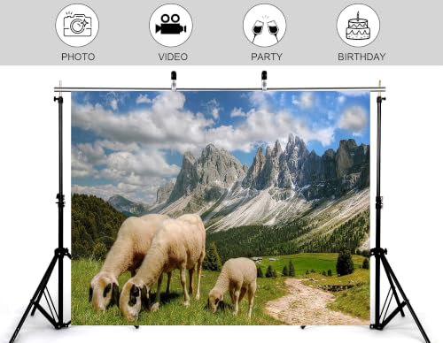 5x3ft Grass Sheep Mountain Backdrop White Wool Sheep Green Alpine Trail Sharp Rock Peak Cloudy Sky Photography Background Tapestry Party Pastoral Mountain Decorations Photo Booth Props - size: 5x3ft