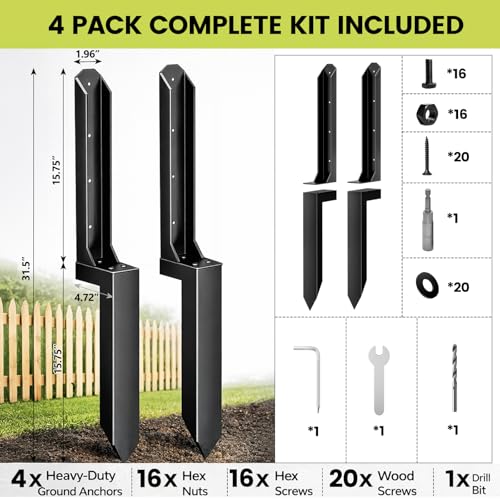 4 Pack Fence Post Repair Kit, Heavy Duty Steel Ground Spike Anchor for Fixing Leaning or Broken 4x4 & 6x6 Wood Posts, No Dig Drive-in Support for Yard, Garden & Fence - size: 4pack