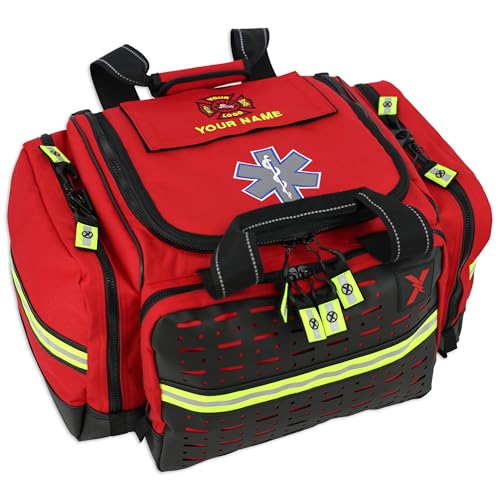 Lightning X Personalized EMT Trauma Bag – Large ALS Medical Bag with 6 Color-Coded Pouches, MOLLE Panel, Waterproof Bottom, Reflective EMS Gear, Custom Embroidered Name or Logo | LXMB35 - color: Red
