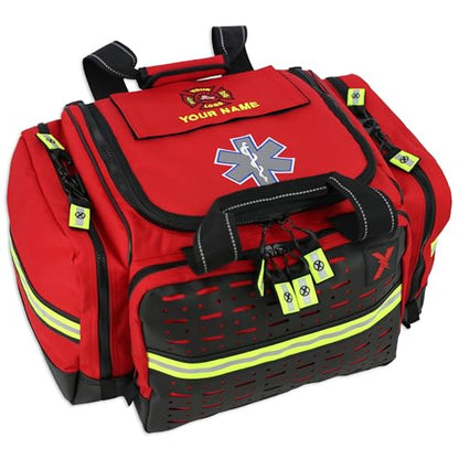 Lightning X Personalized EMT Trauma Bag – Large ALS Medical Bag with 6 Color-Coded Pouches, MOLLE Panel, Waterproof Bottom, Reflective EMS Gear, Custom Embroidered Name or Logo | LXMB35 - color: Red