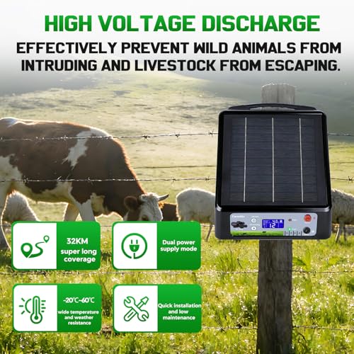 20 Miles Solar Electric Fence Charger, Adjustable 6/8/10/12KV & 0.3J-2J Pulse Energy, AC & Solar Power Electric Fence Charger for Garden Farm Pasture Livestock Predator Protection