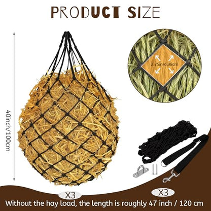 3 Pcs 47" Hay Nets for Horses with Straps & Hooks | Slow Feed Hay Bags for Horses, Hanging Hay Net Feeder, Heavy Duty, For Stall, Fence, Trailer, Goats & Sheep