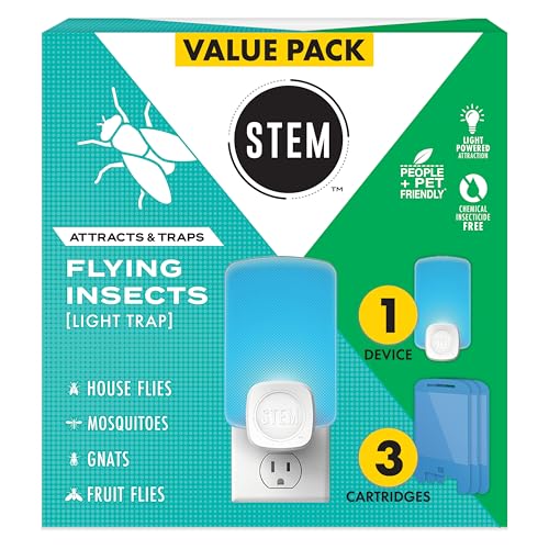 STEM Insect Trap - Indoor Fruit Fly & Gnat Pest Control for House, Home and Kitchen, Attracts & Traps Flying Bugs, Soft Blue Light - Includes 1 Plug-in Device & 3 Cartridges - size: 1 Device + 3 Cartridges