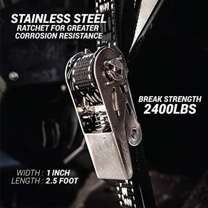 Stainless Boat Tie Down Straps to Trailer (Pack of 2) - 2,400lbs Break - 1" x 2.5’ Heavy Duty Ratchet Boat Straps UV Treated - Made in New Zealand - color: Black, size: 2.5ft