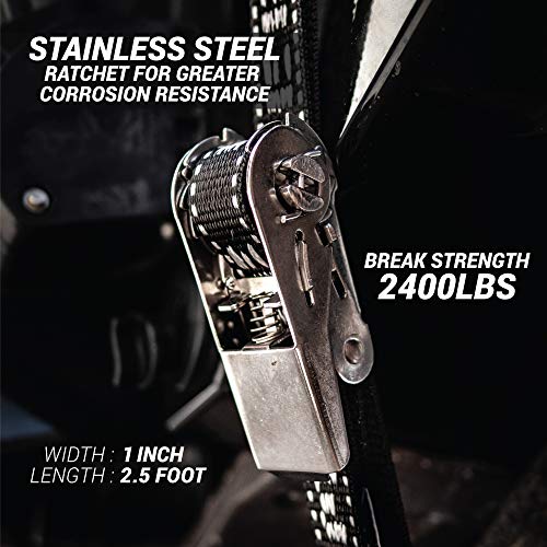 Stainless Boat Tie Down Straps to Trailer (Pack of 2) - 2,400lbs Break - 1" x 4’ Heavy Duty Ratchet Boat Straps - UV Treated - Made in New Zealand - color: Black, size: 4ft