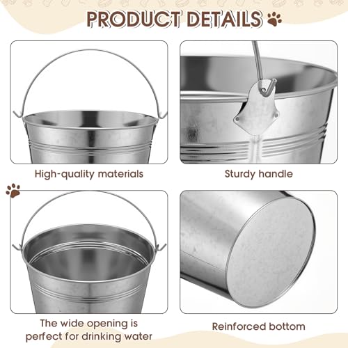 Sieral 2 Pack 3.7 Qt Stainless Steel Sided Bucket with Hook Double Ended Snaps Dog Water Large Food Grade Metal Bucket for Dogs Cats Goat & Livestock Cages Fences Pet Container