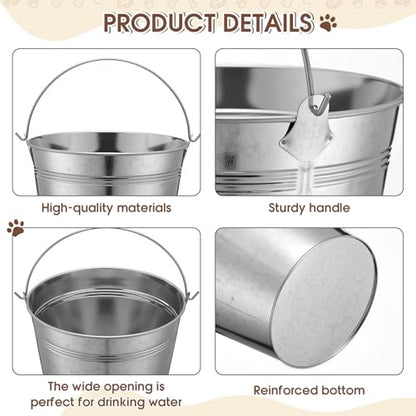 Sieral 2 Pack 3.7 Qt Stainless Steel Sided Bucket with Hook Double Ended Snaps Dog Water Large Food Grade Metal Bucket for Dogs Cats Goat & Livestock Cages Fences Pet Container