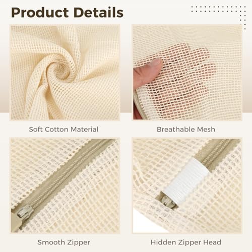 4 PCS Cotton Mesh Laundry Bags, Delicate Wash Bags with Hidden Zipper Protector, Reusable Breathable Laundry Net for Underwear Socks Pants Clothes, Travel Storage Pouches