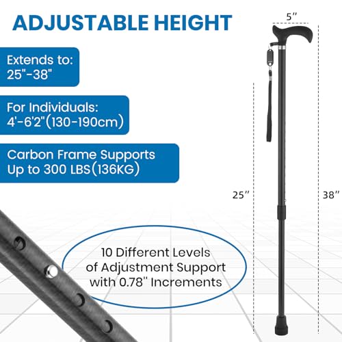 Walking Cane for Men & Women, Zynuhmo Carbon Fiber Canes with Adjustable Height-Lightweight,Ergonomic Handle for Comfortable Grip Walking Stick for Mobility Aid - size: 25''-38'' Adjustable Height