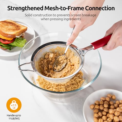 U-Taste Fine Mesh Strainer, 18/8 Stainless Steel Sieve 30 Mesh, M/Red | Kitchen Strainer with Silicone Handle, 4.73in Medium Food Sieve, Metal Colander for Rinsing Rice, Quinoa, Flour, Berry Seed - color: (4) Red, size: M-4.73in