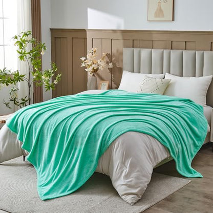 NEWCOSPLAY Fleece Leaves Pattern Queen Blanket, Aqua, 90"x90" - color: Aqua, size: Queen(90"x90")