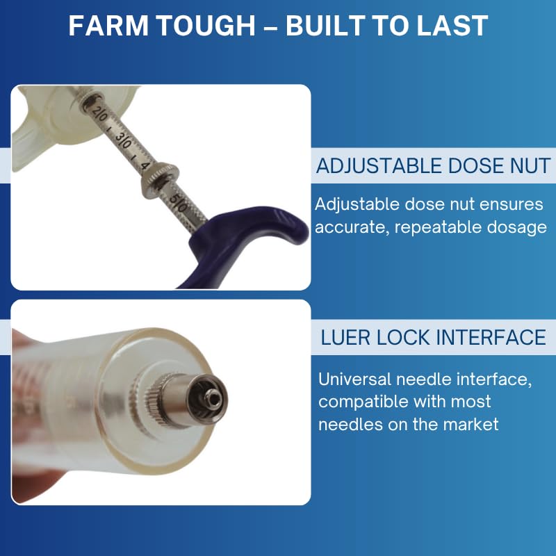 Reusable Veterinary Syringe with Dose Nut (50cc) – Durable Plastic Barrel - size: 50cc