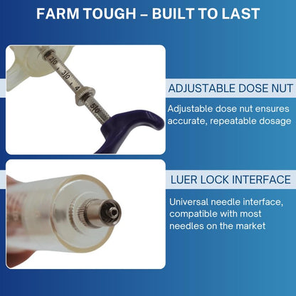 Reusable Veterinary Syringe with Dose Nut (50cc) – Durable Plastic Barrel - size: 50cc