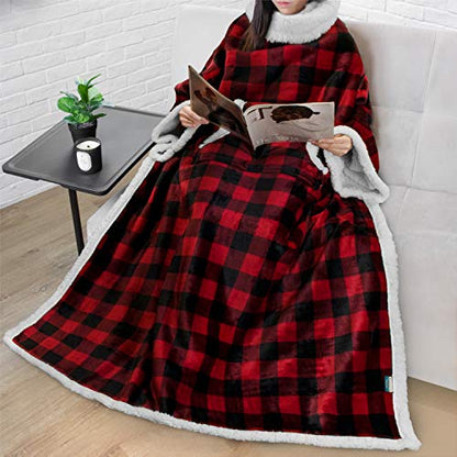 PAVILIA Sherpa Wearable Blanket with Sleeves and Pocket, Plush Thick Cozy Body Blanket Wrap for Adult Women Men, Christmas Gift for Wife Mom, Buffalo Red Black - color: Checkered Red
