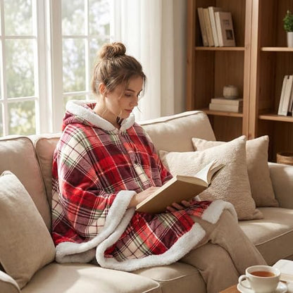 PAVILIA Hooded Blanket Poncho Fleece Wearable Shawl Wrap Throw Tartan Plaid | Fleece Shawl Wrap with Hood, Adult Wearable Blanket, Cozy Warm Poncho Cape Throw with Pockets, Gift for Elderly Mom - color: Tartan Plaid