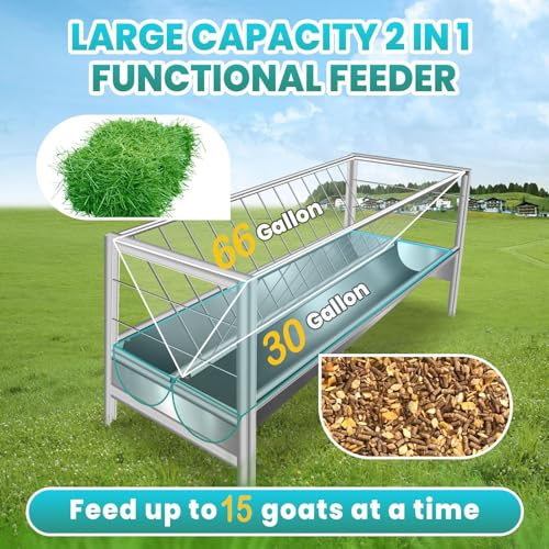 96 Gallon Goat Hay Feeder, 5 Ft Hay Feeder with 30 Gallon Feed Pan, All Steel Frame Hay Feeder, Pasture Feeder Powder Coated Surface Steel Feeding Goats, Cow, Horse for Farms (Stainless Steel) - color: Stainless steel