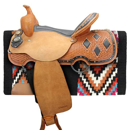 Tahoe Tack 34" x 36" Maisie New Zealand Wool Western Show Saddle Blanket Pad - color: Black/Orange/White/Turquoise/Magenta