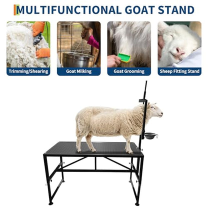 Goat Milking Stand, Adjustable Height Goat Stand with Feed Bin & Adjustable Headpiece, Heavy-Duty 600 Lbs Metal Livestock Shearing Stands for Sheep Goats Lambs Trimming Grooming
